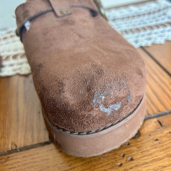 American Eagle Brown Suede Platform Clogs Mens 8 Womens 10 Buckle Mules Boho - Picture 2 of 8